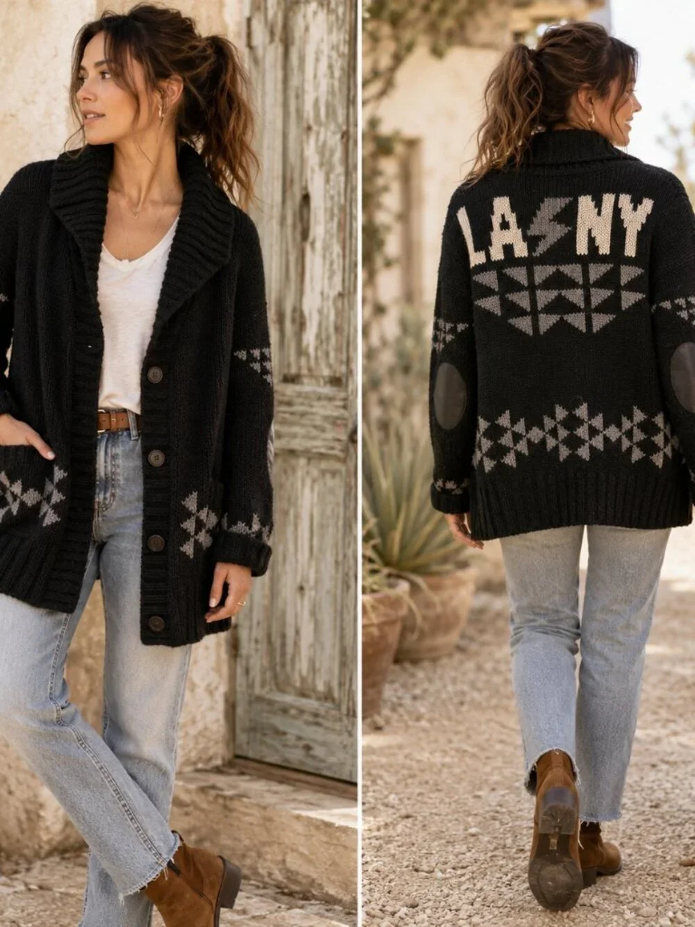 291 Venice Wool Alpaca Cardigan Womens 3/L Black Shawl Collar Elbow Patch LA NY